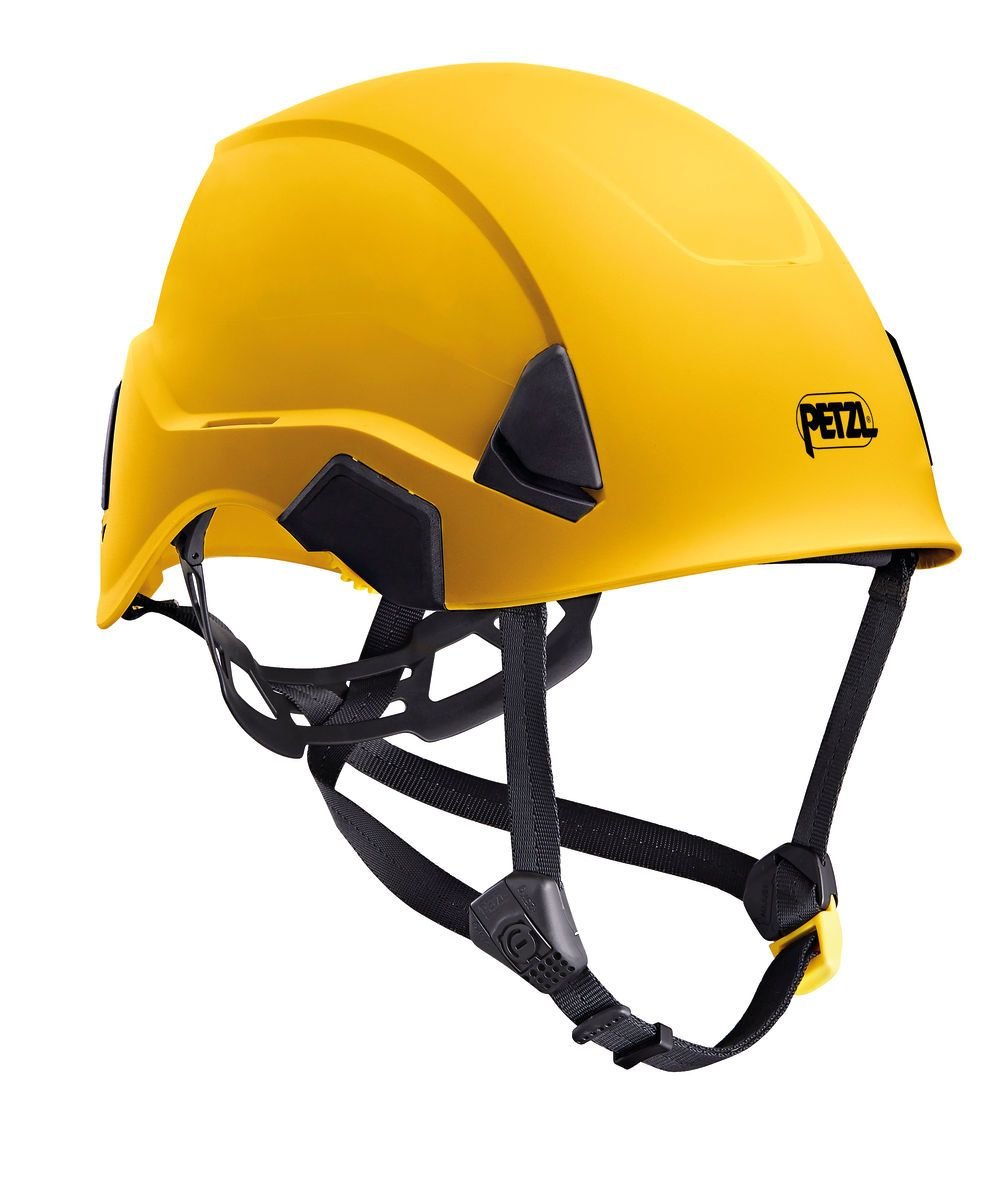 Der PETZL Schutzhelm STRATO ist ein gelber Helm mit schwarzen, verstellbaren Riemen und dem PETZL-Logo, der für einen zuverlässigen Kopfschutz im Bau- und Kletterbereich konzipiert ist.