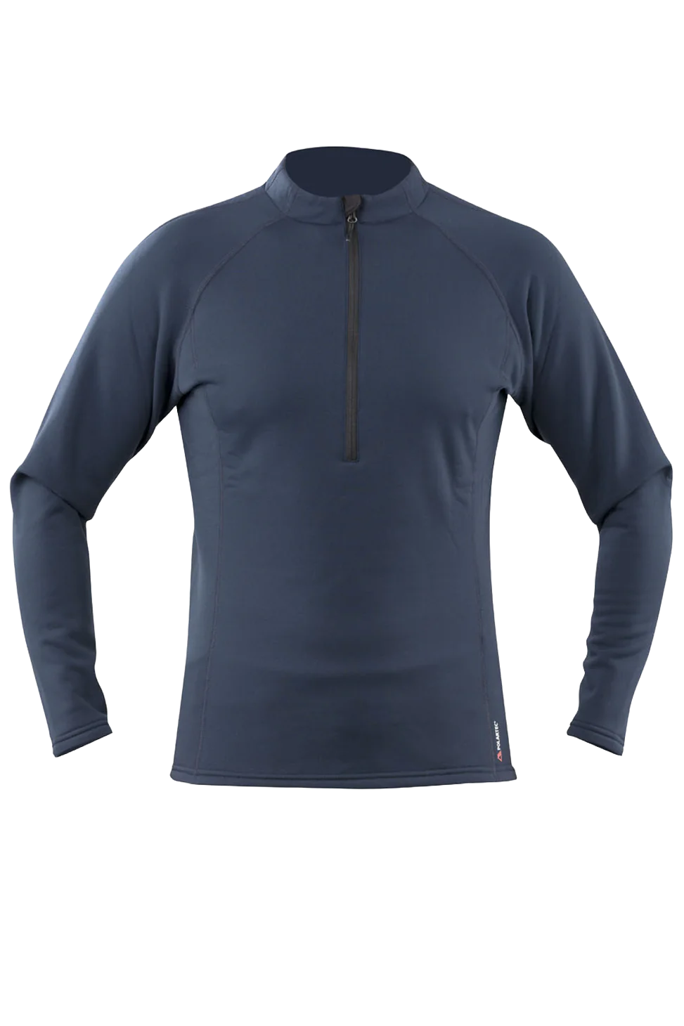 Der Tilak Serak MiG Pullover - Navy von TILAK MILITARY GEAR ist ein langärmeliges, sportliches Oberteil mit hohem Kragen und schwarzem Viertel-Reißverschluss, hergestellt aus Polartec Power Stretch für Komfort als Outdoor-Basisschicht, abgebildet auf einem schlichten weißen Hintergrund.