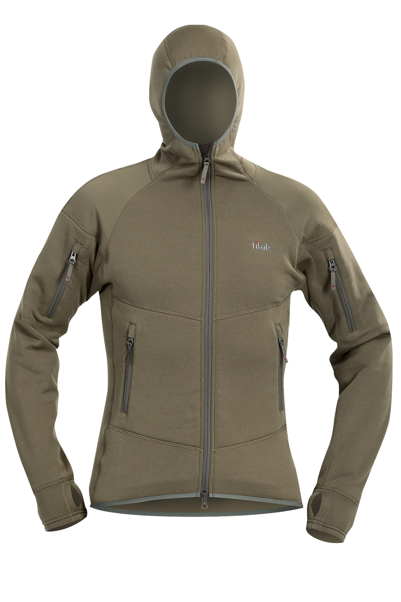 Der Tilak Femund MiG Hoody in khaki von TILAK MILITARY GEAR ist eine taillierte Jacke mit durchgehendem Reißverschluss und Reißverschlusstaschen auf der Brust, an den Ärmeln und an den Seiten. Sie ist aus Polartec Power Stretch gefertigt und trägt den Markennamen auf der Brust auf weißem Hintergrund.