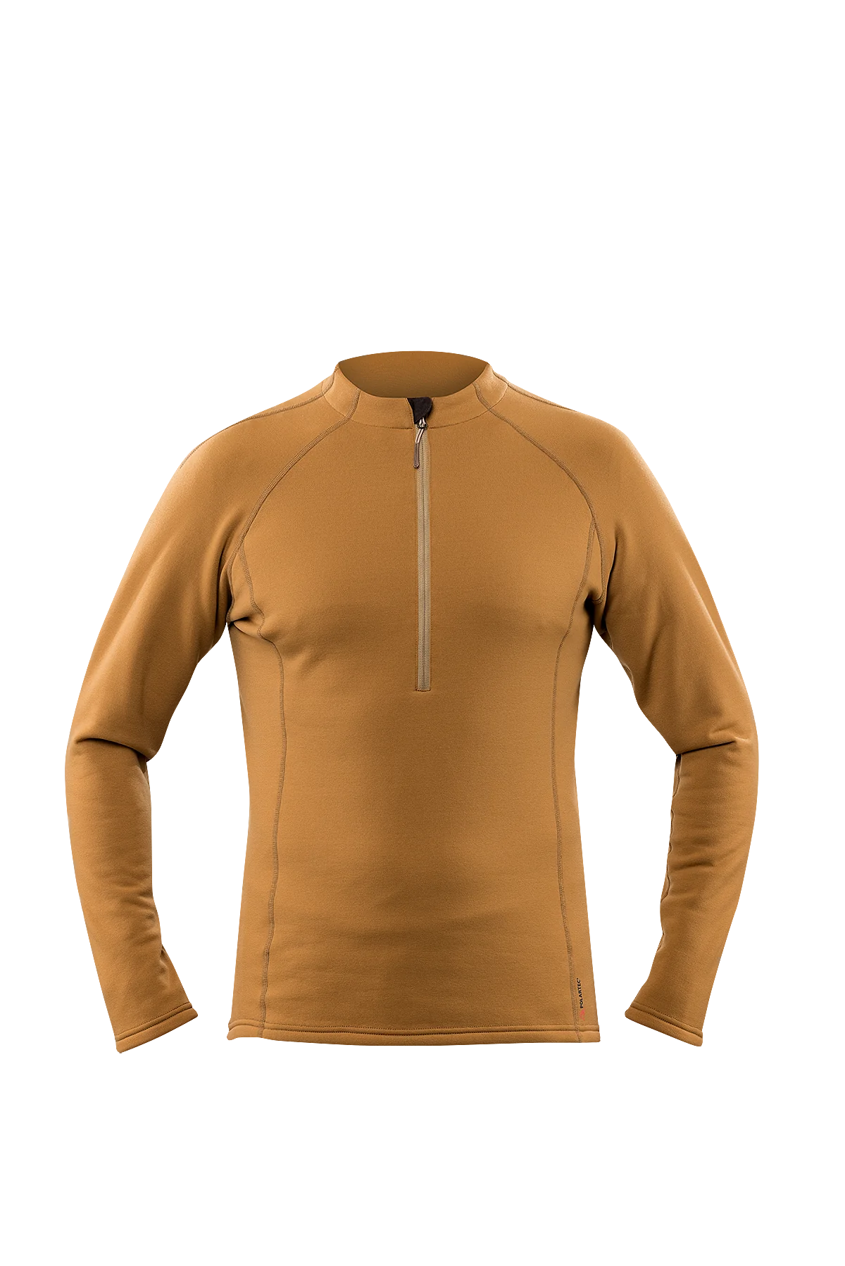 Der Tilak Serak MiG Pullover in Bronze Brown von TILAK MILITARY GEAR zeichnet sich durch lange Ärmel, einen Viertelreißverschluss und Polartec Power Stretch Material aus - perfekt als Outdoor-Basisschicht. Abgebildet auf einem schlichten weißen Hintergrund.