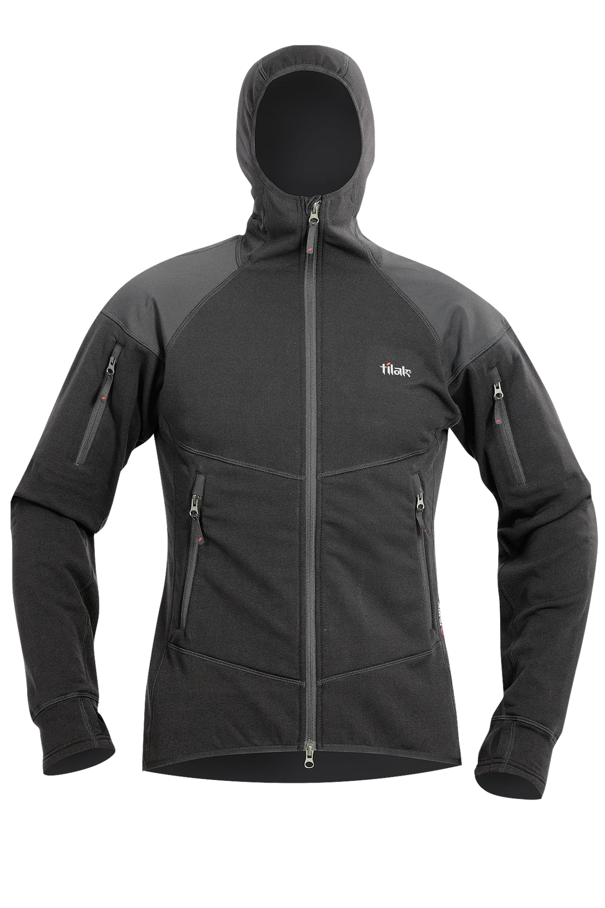 Der Tilak Femund MiG Hoody - Black von TILAK MILITARY GEAR verfügt über Brust-, Arm- und Seitentaschen mit Reißverschluss. Das Markenlogo auf der linken Brust hebt diesen eleganten und funktionellen Softshell-Outdoor-Kapuzenpullover auf einem schlichten weißen Hintergrund hervor.