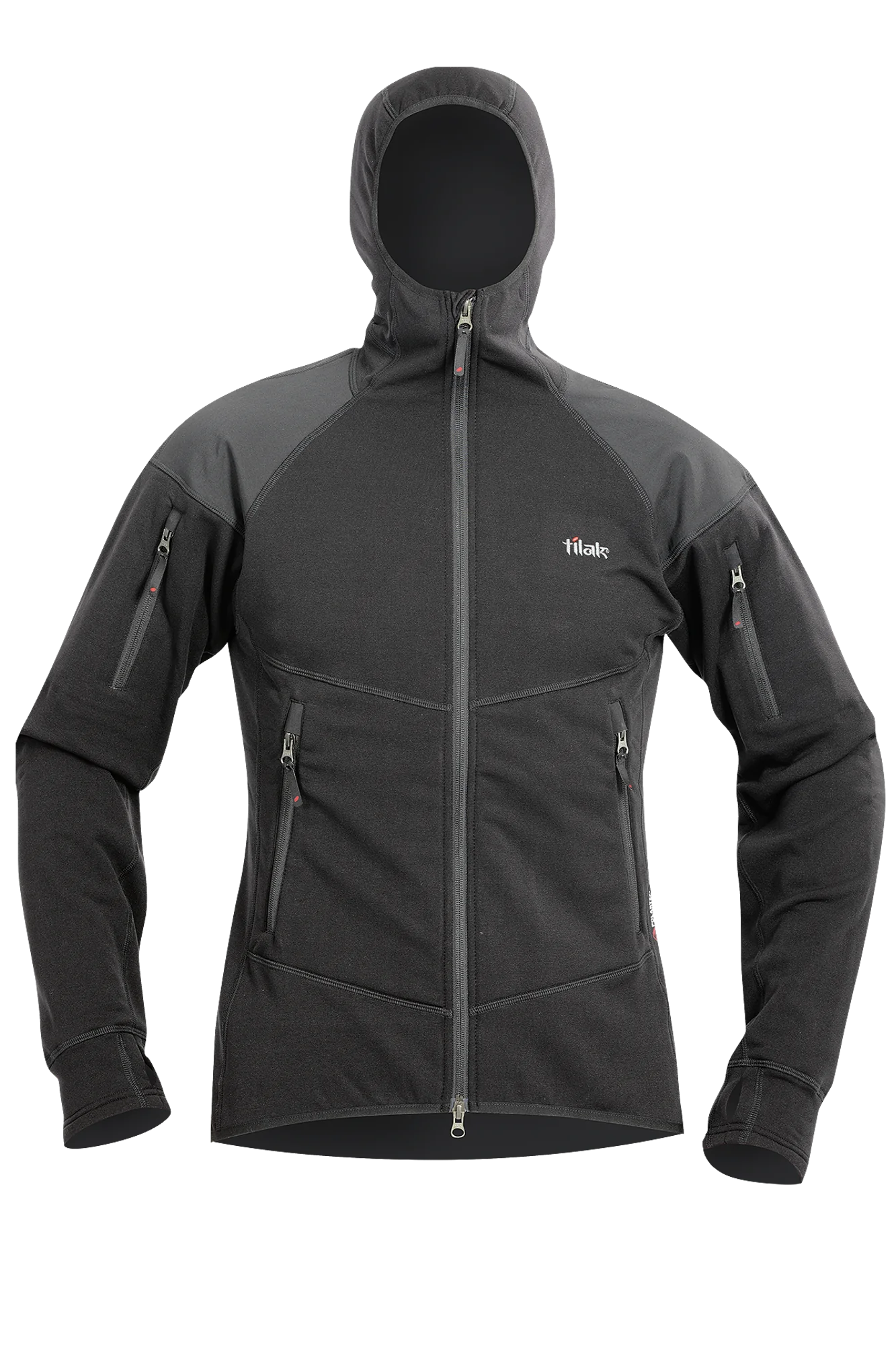 Der Tilak Femund MiG Hoody - Black von TILAK MILITARY GEAR verfügt über Brust-, Arm- und Seitentaschen mit Reißverschluss. Das Markenlogo auf der linken Brust hebt diesen eleganten und funktionellen Softshell-Outdoor-Kapuzenpullover auf einem schlichten weißen Hintergrund hervor.