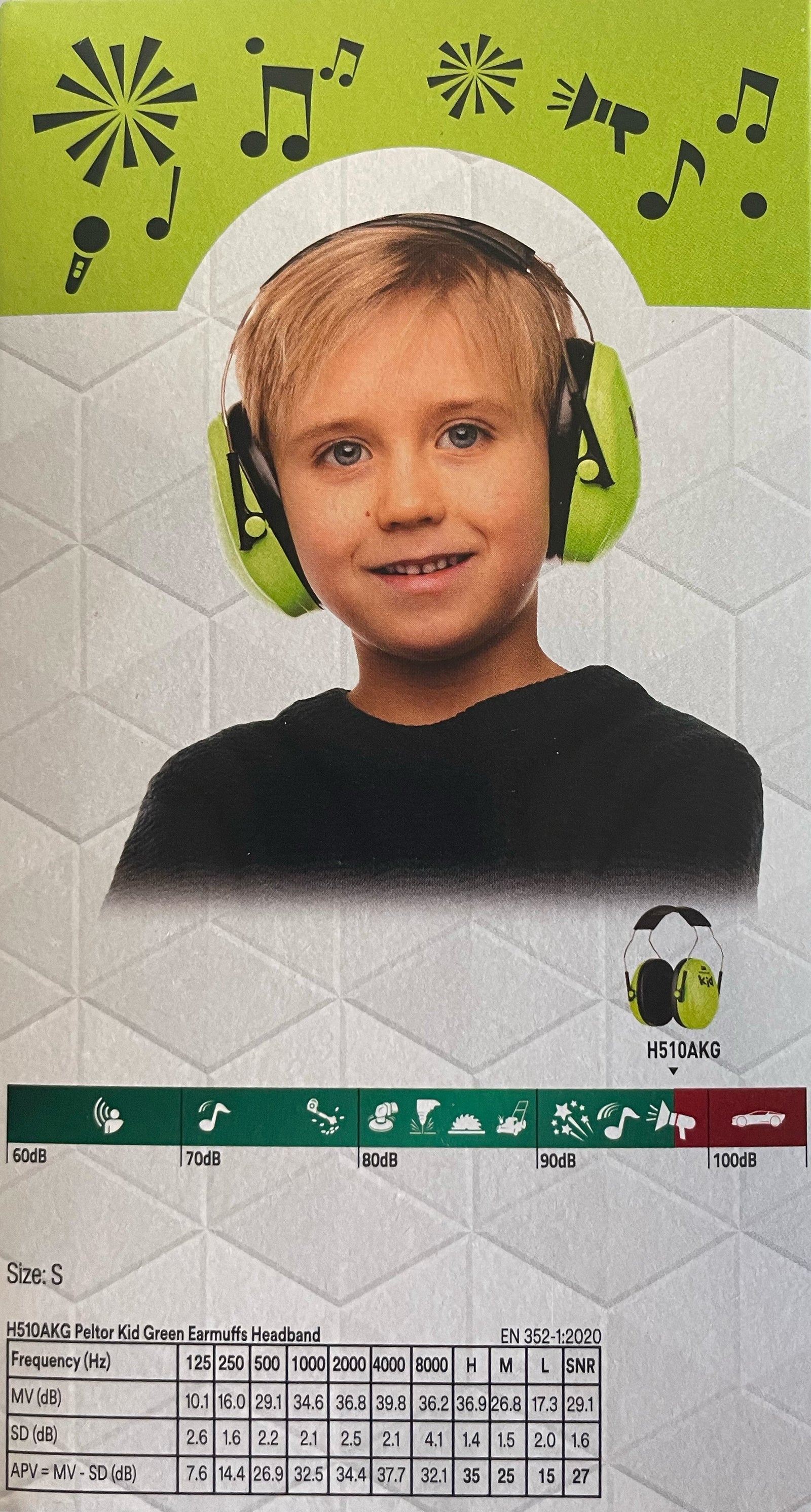 Ein lächelnder blonder Junge trägt grüne 3M Peltor Kinder Gehörschutz-Ohrenschützer. Darüber schweben Musiknoten und Geräuschsymbole, darunter eine Tabelle mit Lärmpegeln und eine Produktbeschreibung für den 3M Peltor Kinder Gehörschutz.