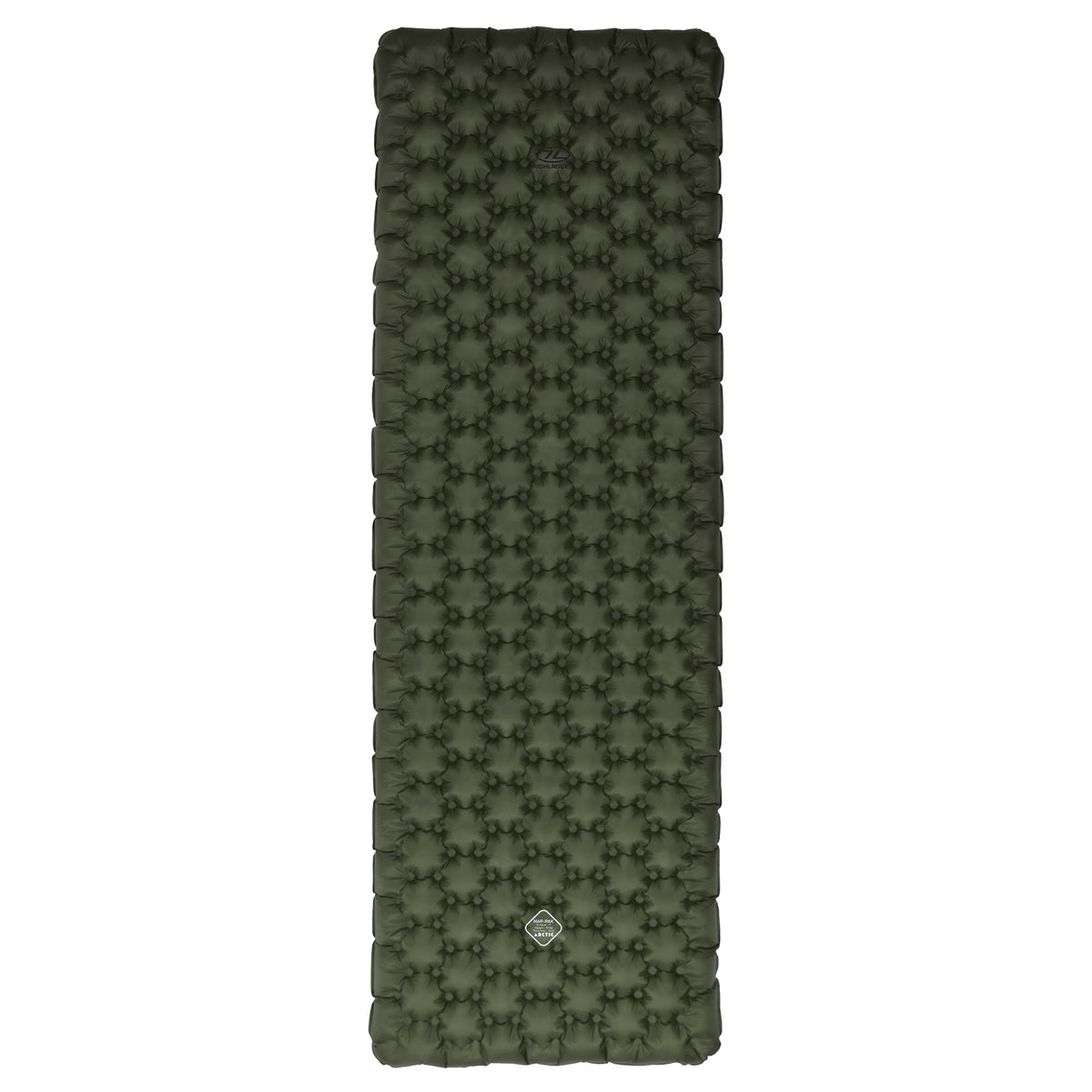 Die HIGHLANDER FORCES Highlander NAP PAK ARCTIC AIR MAT in Olivgrün hat eine gesteppte, wabenartige Oberfläche und ist von oben auf weißem Hintergrund abgebildet - perfekt für gemütliche Campingabende im Winter.