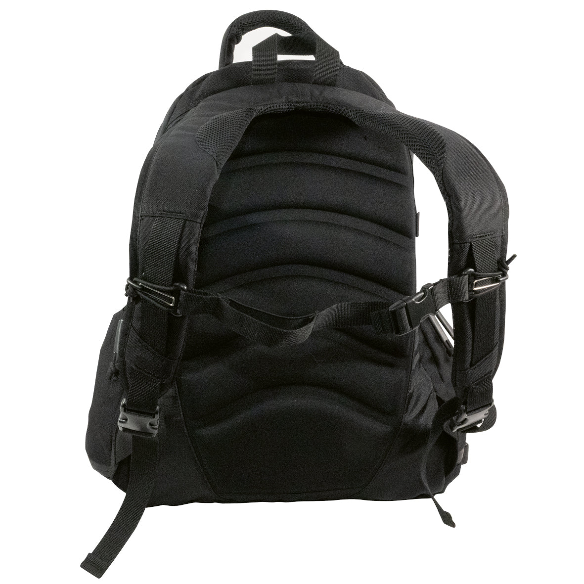 Der KROKO Kroko Rucksack in Schwarz zeigt sich von hinten mit gepolsterten Schultergurten, einem gepolsterten Rückenteil, verstellbaren Gurten und Kunststoffschnallen. Er besteht aus strapazierfähigem Cordura 1000D und ist MOLLE-kompatibel für den vielseitigen Einsatz bei schwerer Beanspruchung.
