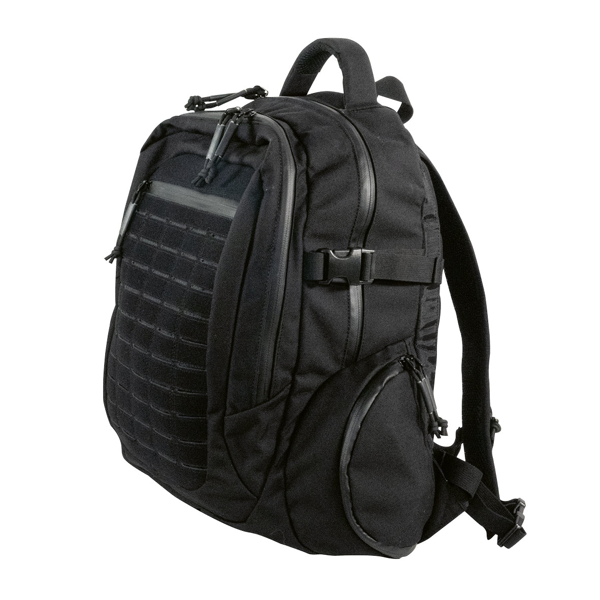 Der KROKO Kroko Rucksack ist eine schwarze taktische Tasche aus robustem Cordura 1000D mit mehreren Fächern, Seitentaschen und MOLLE-kompatiblen Gurtbändern auf der Vorderseite, die schräg auf einem weißen Hintergrund abgebildet ist.