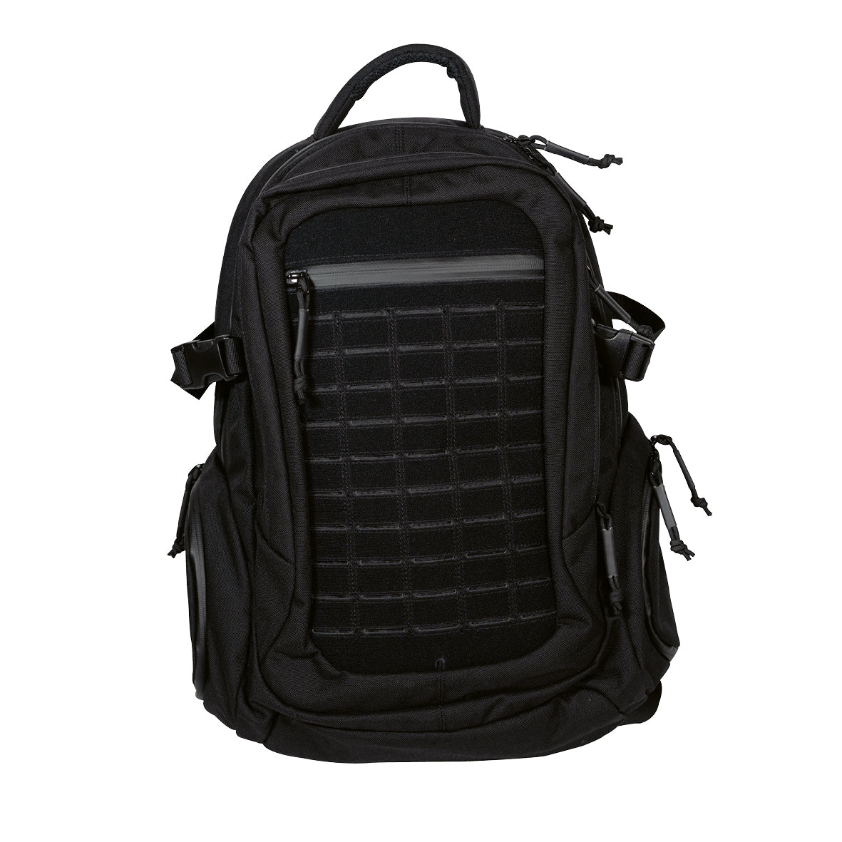 Der KROKO Kroko Rucksack ist ein schwarzer taktischer Rucksack aus robustem Cordura 1000D mit mehreren Reißverschlussfächern, Seitentaschen und einer MOLLE-kompatiblen Frontplatte.