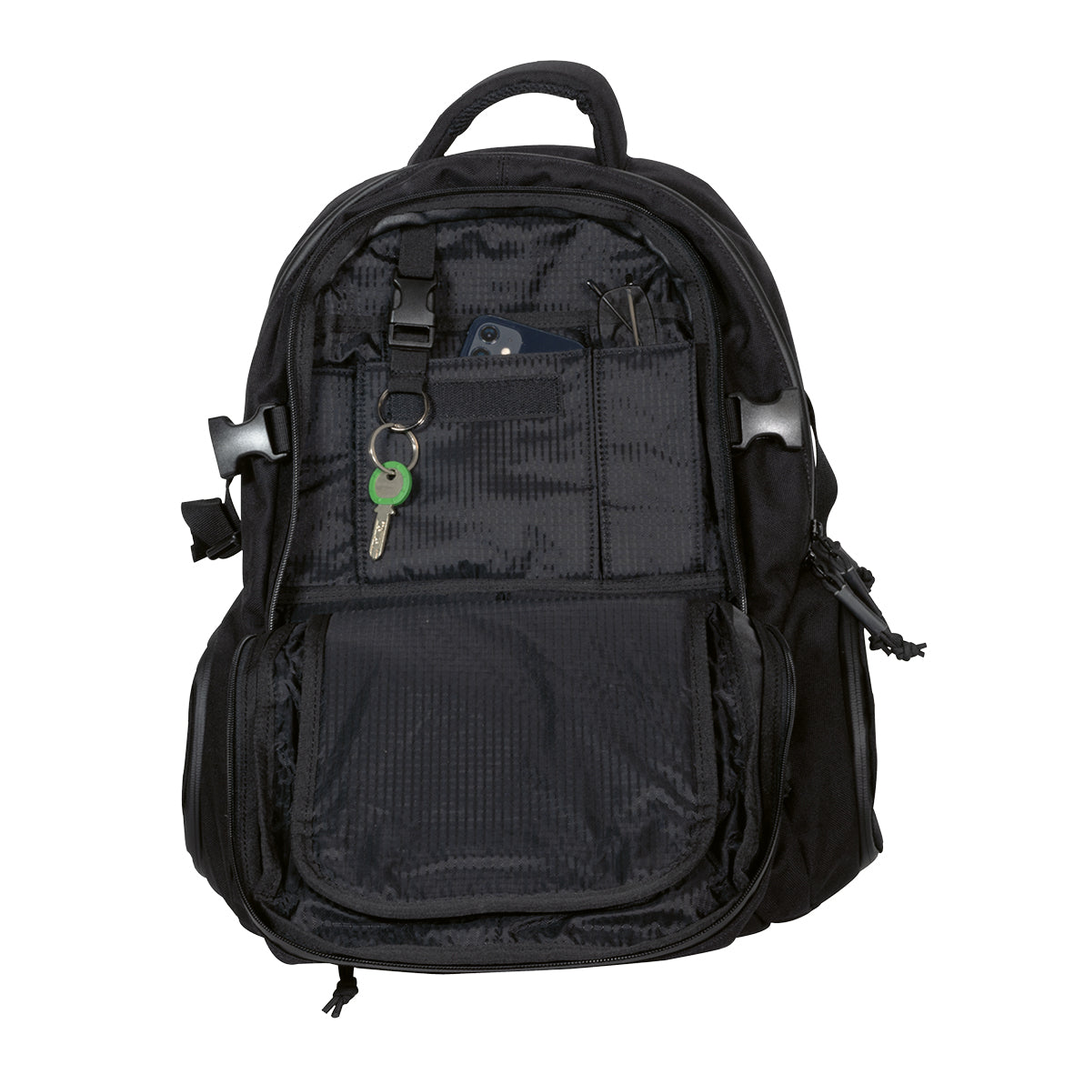 Der Kroko Rucksack von KROKO aus robustem Cordura 1000D bietet eine offene Fronttasche mit organisiertem Innenraum, Schlüsselring, Stifte- und Smartphonefach - ideal für Ordnung und Alltag.