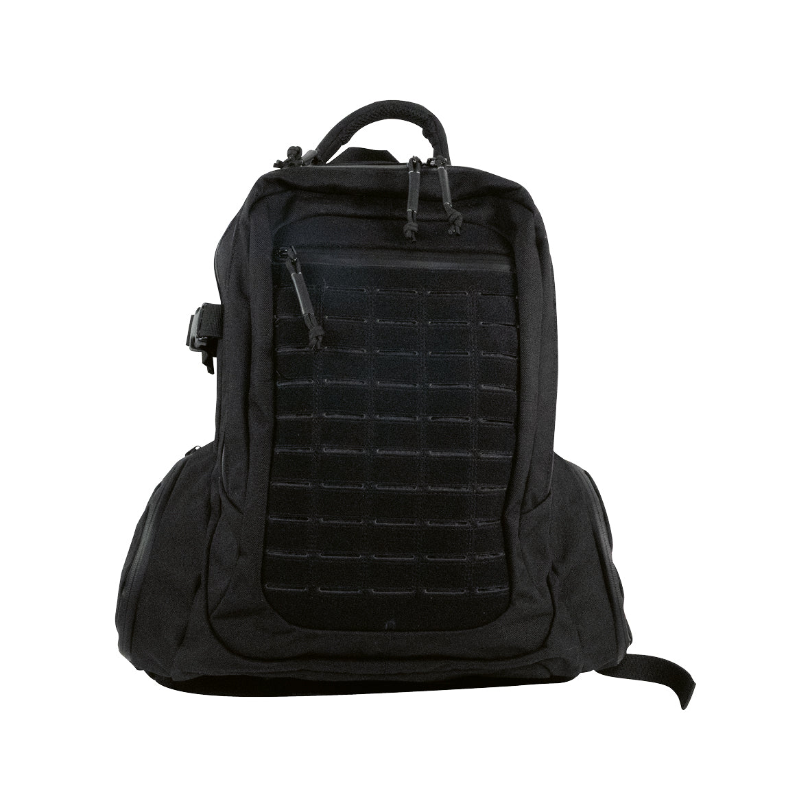 Der KROKO Kroko Rucksack ist eine schwarze taktische Tasche mit einem Griff an der Oberseite, mehreren Reißverschlussfächern und einer gitterartigen MOLLE-kompatiblen Vorderseite. Er ist aus robustem Cordura 1000D gefertigt und auf einem weißen Hintergrund zu sehen.
