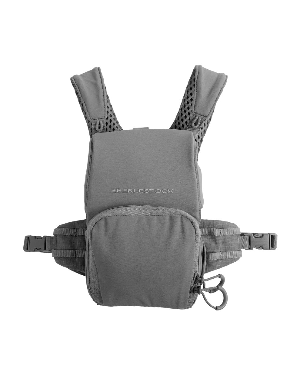 Der EBERLESTOCK Bravo Modular Bino Pack Large ist ein grauer taktischer Brustbeutel mit gepolsterten Schultergurten, Netzfutter, Fronttasche mit Reißverschluss, Hüftgurten und einem seitlichen Karabiner. Er kann auch als Fernglas Tasche verwendet werden.