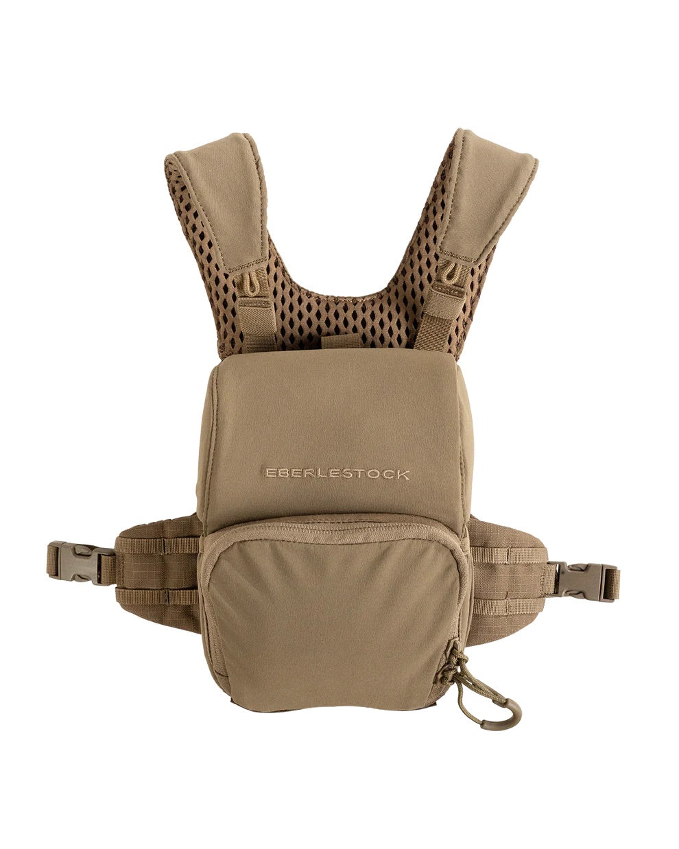 Das EBERLESTOCK Bravo Modular Bino Pack Small ist eine hellbraune Fernglastasche mit gepolsterten Schultergurten, Netzrückwand, Reißverschlusstasche auf der Vorderseite, seitlichen Schnallen, einer kleinen Schlaufe auf der Vorderseite und dem EBERLESTOCK-Markennamen auf der Vorderseite.