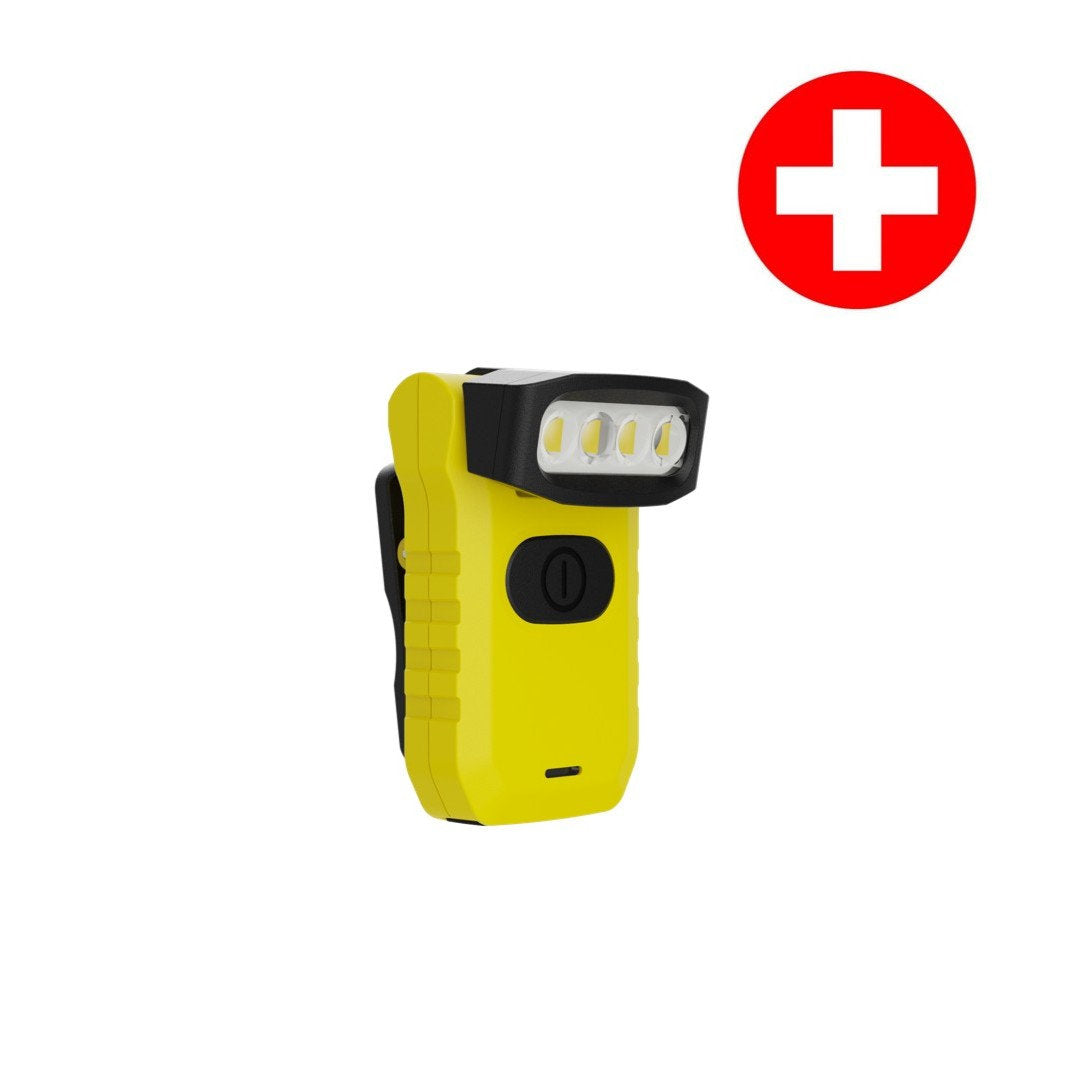 Die NORDRIDE Nordride Clipleuchte Paramedic Light ist eine kompakte gelb-schwarze Notfalltaschenlampe mit drei LEDs, die mit einem roten Kreis und einem weißen medizinischen Kreuz versehen ist, um den Einsatz in Erste-Hilfe- oder Rettungsdienst-Situationen anzuzeigen.