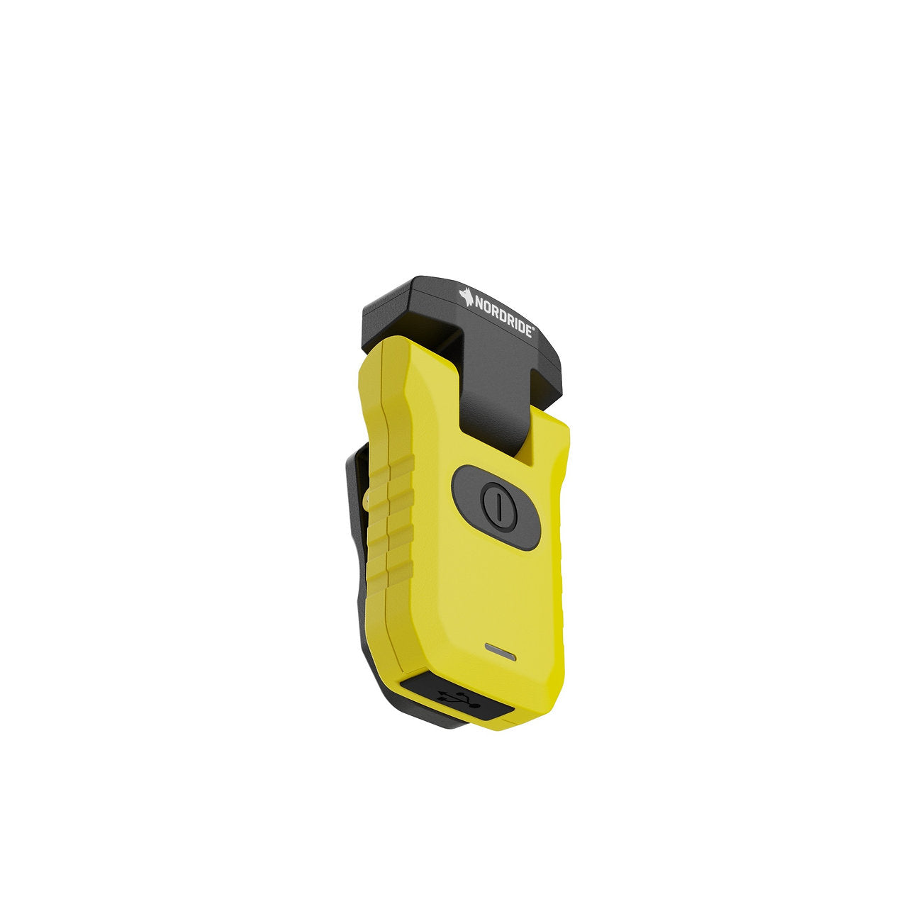Die Nordride Clipleuchte Paramedic Light von NORDRIDE ist eine kompakte gelb-schwarze LED-Clipleuchte mit einem oberen Clip, einem Knopf auf der Vorderseite und einem Branding auf dem Clip - ideal für den Einsatz im Rettungsdienst, der auf weißem Hintergrund dargestellt wird.