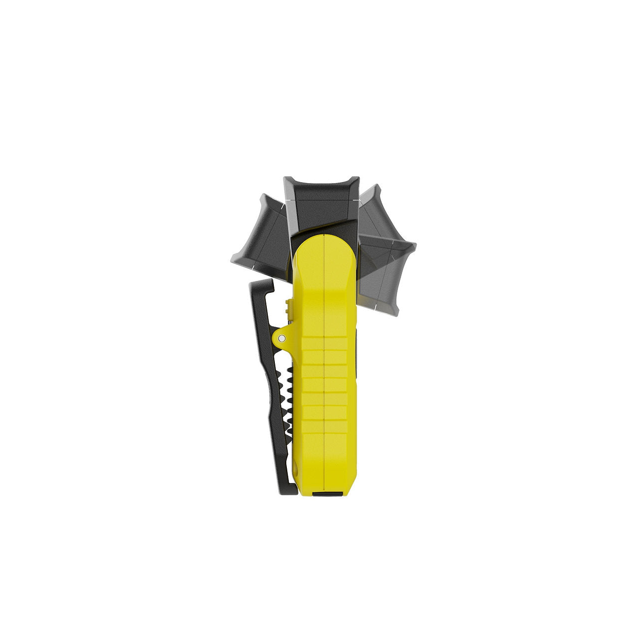 Die NORDRIDE Nordride Clipleuchte Paramedic Light ist eine gelbe LED-Handlampe mit schwarzem Clip und zwei schwarzen, fächerartigen Schilden auf jeder Seite - perfekt für Rettungsdienst-Profis. Abgebildet auf weißem Hintergrund.