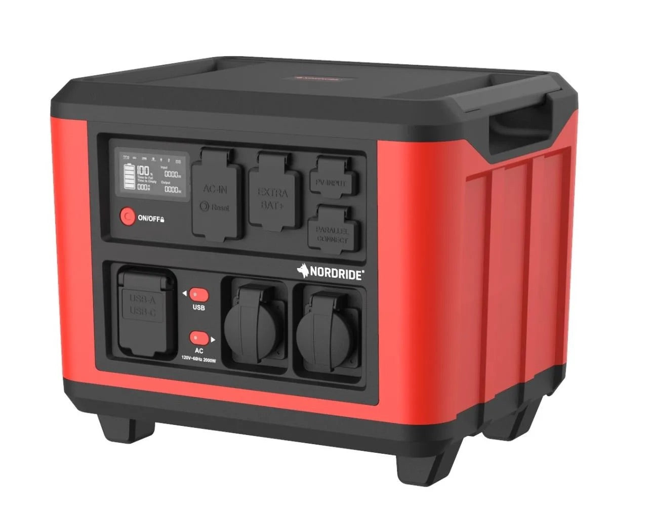 Die NORDRIDE POWER-X Power Station 2000W in den Farben Rot und Schwarz verfügt über mehrere Steckdosen, USB-Anschlüsse, einen Ein/Aus-Schalter, ein Display auf der Vorderseite und einen LiFePO4-Akku für zuverlässige, lang anhaltende Energie.