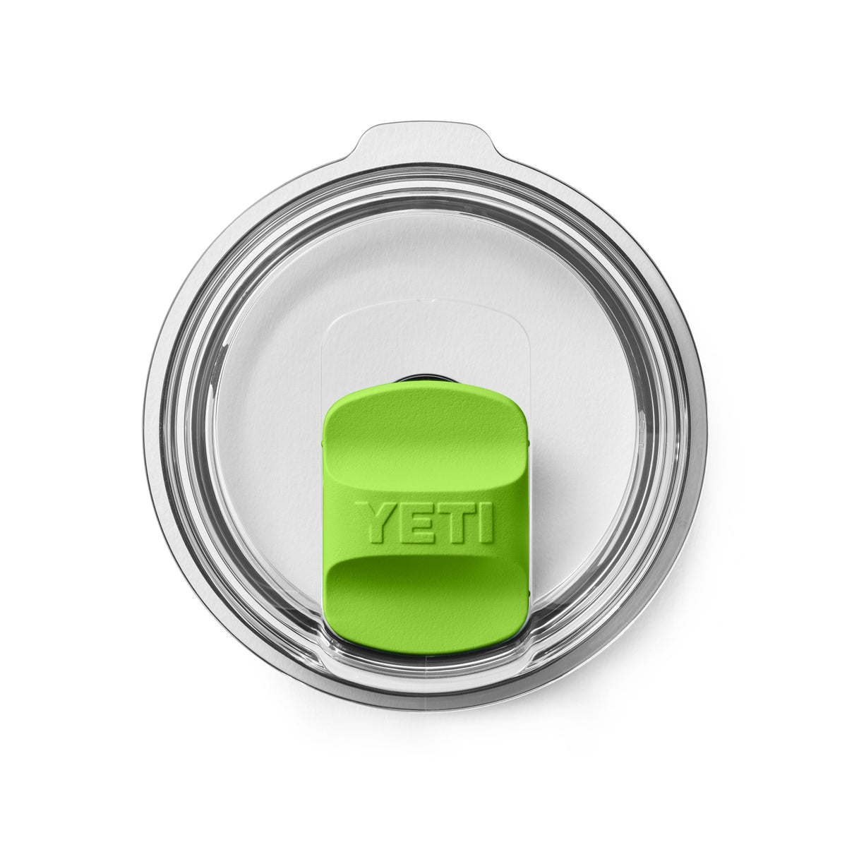 Ansicht des durchsichtigen, runden YETI® Magslider Pack - Venom-Deckels von oben, mit einem leuchtend grünen MagSlider-Magneten mit "YETI" in der Mitte. Dieses elegante Zubehörteil passt auf die YETI Rambler Magslider-Serie.