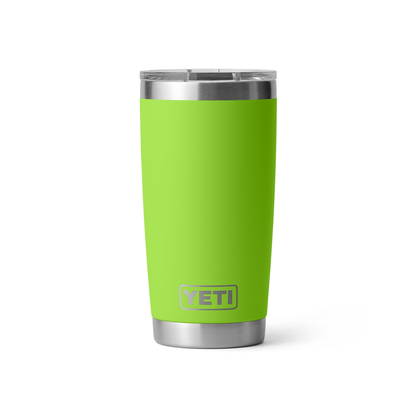 Der YETI® Becher Rambler 20 Oz - Venom ist ein leuchtend grüner Isolierbecher mit Edelstahlboden und durchsichtigem Deckel, mit doppelwandiger Vakuumisolierung, abgebildet auf einem schlichten weißen Hintergrund.