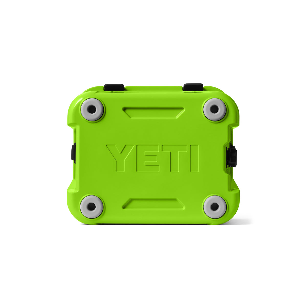Die YETI® Kühlbox Roadie 24 - Venom ist eine leuchtend grüne, rechteckige Kühlbox mit abgerundeten Ecken, vier grauen, runden Füßen und YETI-Prägung auf der Vorderseite. Robust und perfekt fürs Camping. Abgebildet auf einfarbig weißem Hintergrund.