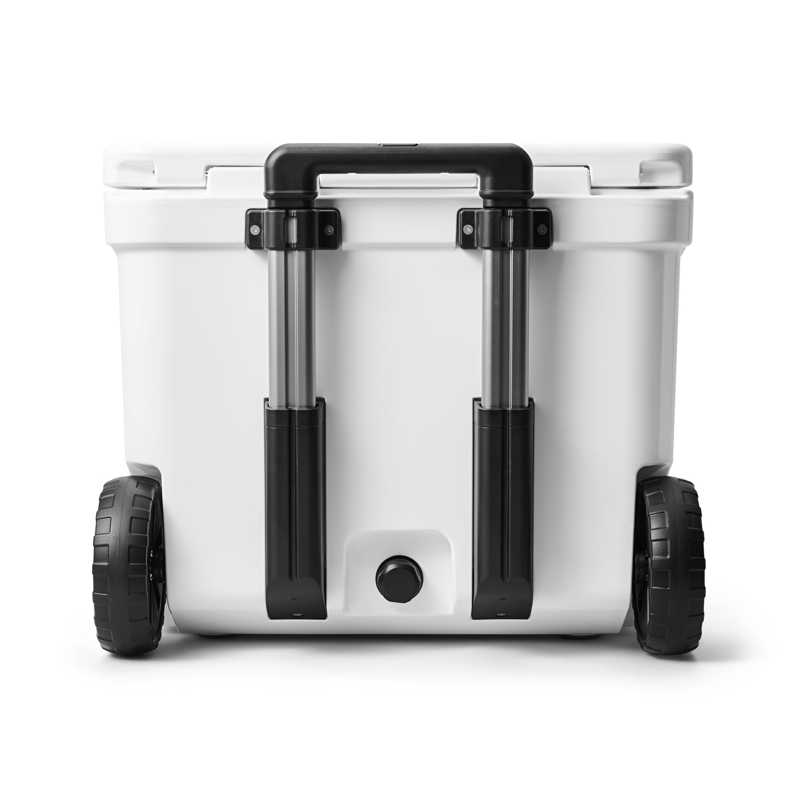 Die YETI® Kühlbox Roadie 60 in Weiß verfügt über schwarze Räder und einen ausziehbaren Griff, der von hinten auf weißem Hintergrund abgebildet ist - ideal für Ihr nächstes Abenteuer.