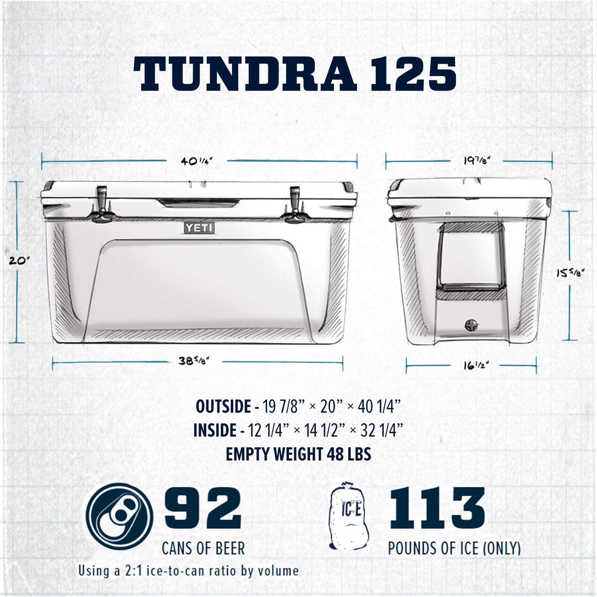 Diagramm der YETI® Kühlbox Tundra 125 - Weiß mit beschrifteten Abmessungen. Laut Text passen 92 Dosen oder 113 Pfund Eis hinein, leer wiegt sie 48 Pfund. Außen- und Innenmaße sind angegeben. Marke: YETI.