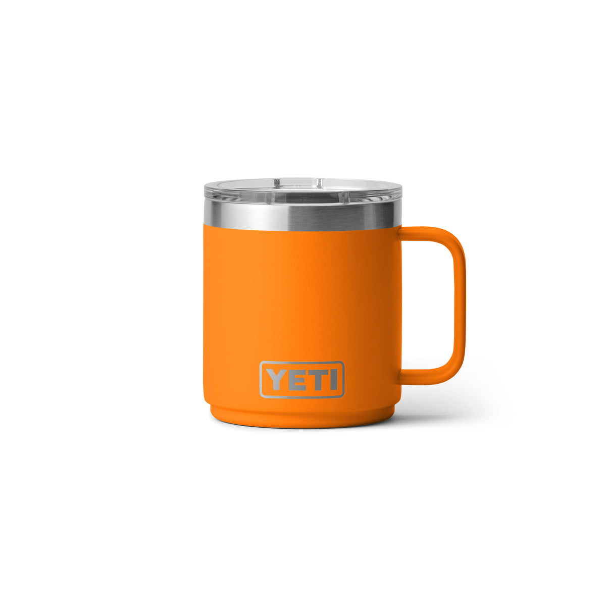 Die YETI® Tasse Rambler 10 Oz - King Crab mit doppelwandiger Vakuumisolierung und Edelstahlrand wird vor weißem Hintergrund gezeigt. Das YETI Logo ist auf der Vorderseite der Tasse zu sehen.