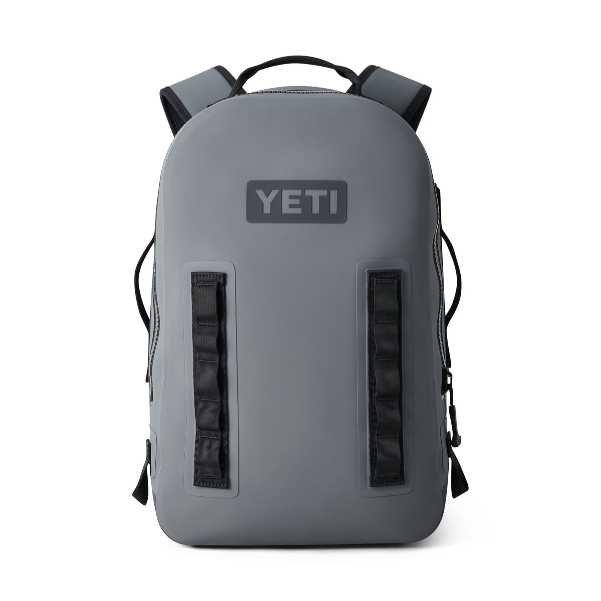 Der YETI® Rucksack Panga 28 in Storm Grey verfügt über schwarze Akzente, Befestigungsschlaufen an der Vorderseite und gepolsterte Schultergurte, die auf einem weißen Hintergrund abgebildet sind.