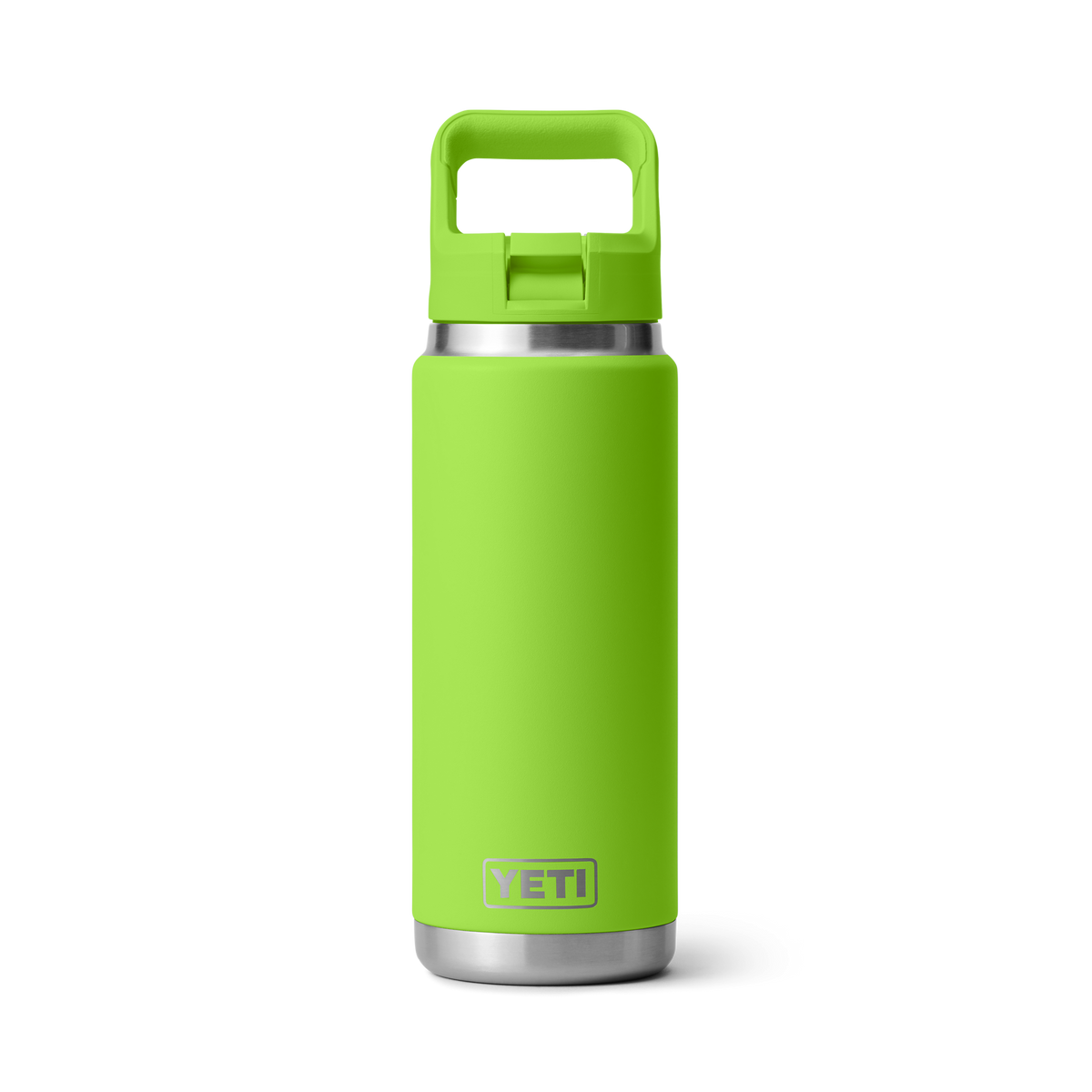 Eine leuchtend grüne YETI® Flasche Rambler 26 Oz Straw - Venom mit einem Griff am Deckel und doppelwandiger Vakuumisolierung, wird aufrecht vor einem schlichten weißen Hintergrund dargestellt.