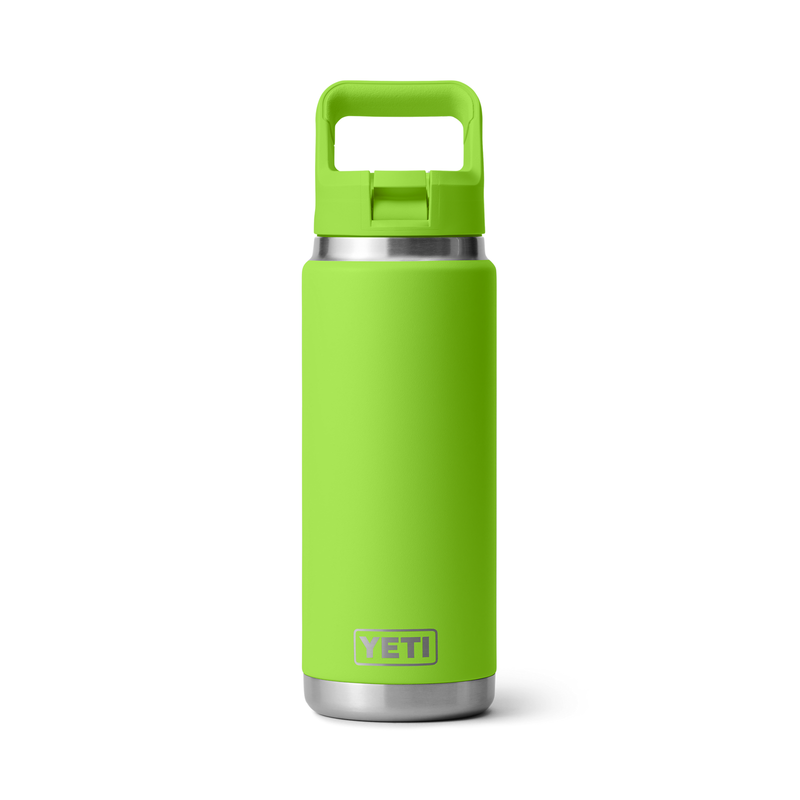 Eine leuchtend grüne YETI® Flasche Rambler 26 Oz Straw - Venom mit einem Griff am Deckel und doppelwandiger Vakuumisolierung, wird aufrecht vor einem schlichten weißen Hintergrund dargestellt.