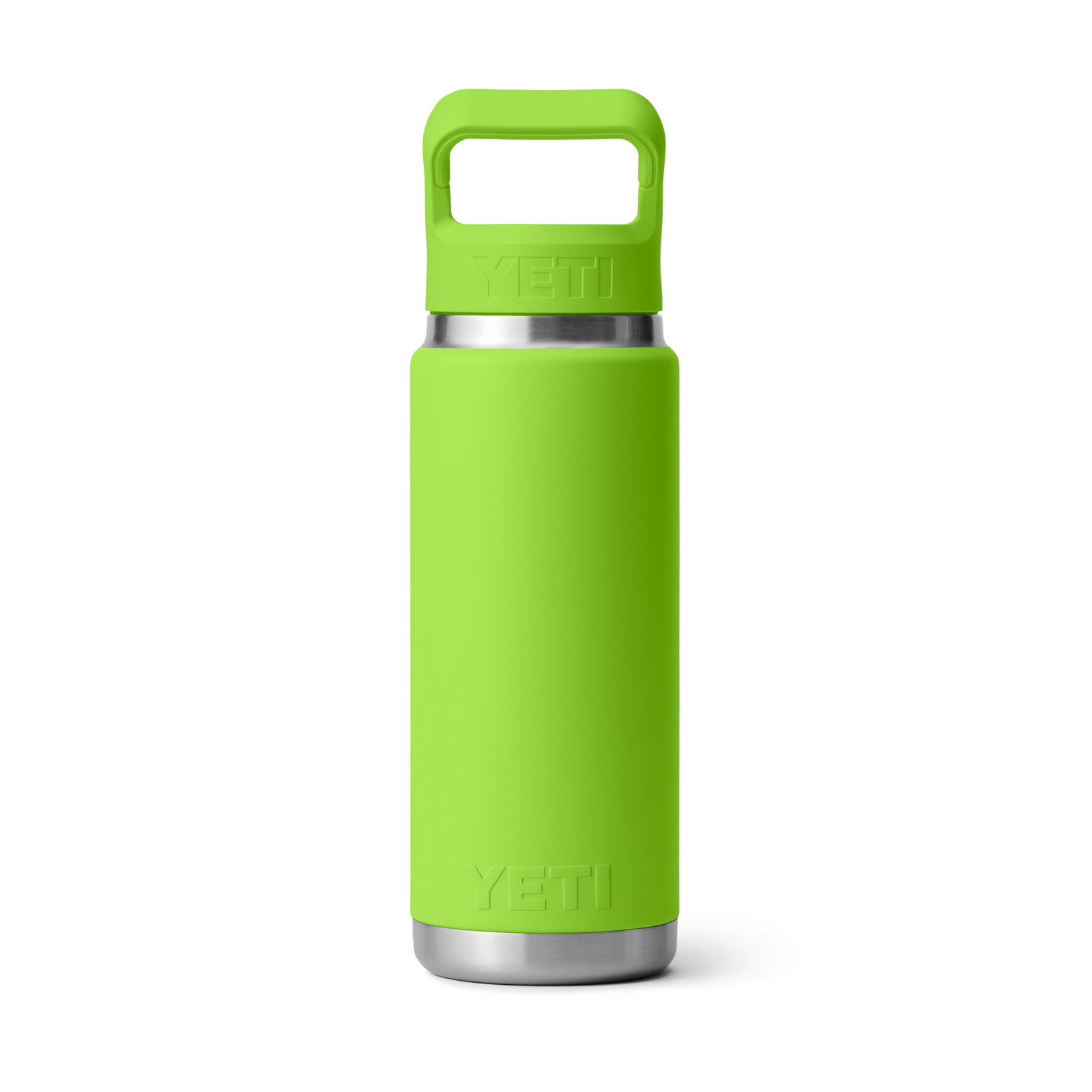 Die YETI® Flasche Rambler 26 Oz Straw - Venom in leuchtendem Grün, mit doppelwandiger Vakuumisolierung, Edelstahlboden und passendem Griff, wird vor weißem Hintergrund gezeigt.