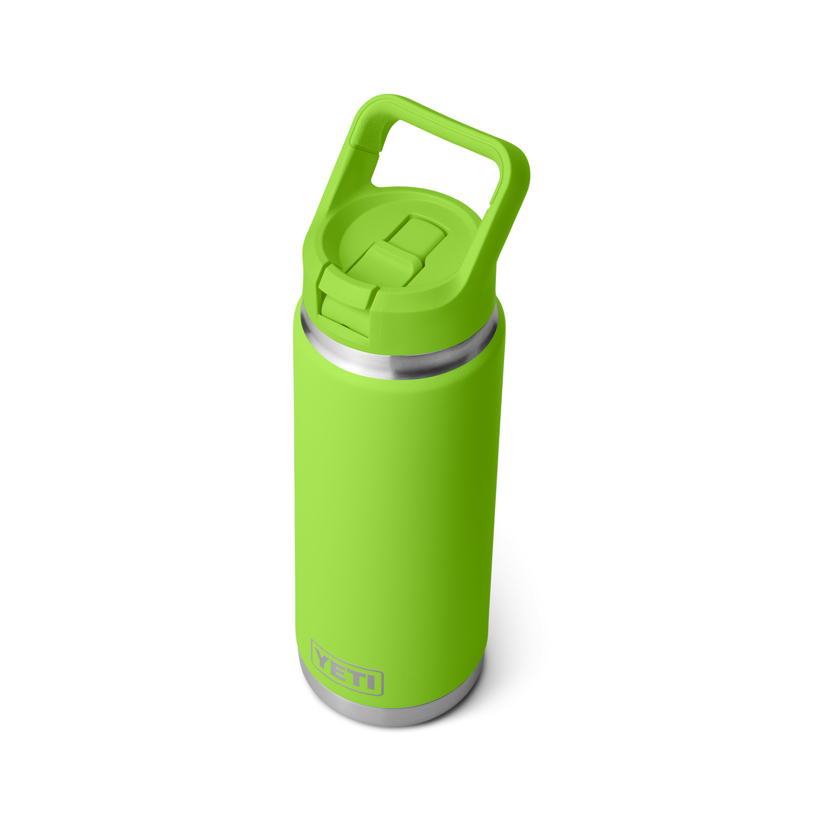 Eine leuchtend grüne YETI® Flasche Rambler 26 Oz Straw - Venom steht aufrecht auf einem weißen Hintergrund und zeigt den robusten Griff, den Flip-Top-Strohhalmdeckel, den Edelstahlboden, die doppelwandige Vakuumisolierung und das markante YETI-Logo.