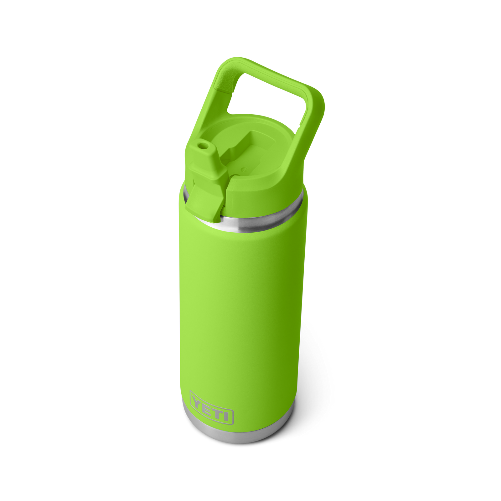 Eine leuchtend grüne YETI® Flasche Rambler 26 Oz Straw - Venom mit Henkel und Strohdeckel, doppelwandige Vakuumisolierung, wird vor einem schlichten weißen Hintergrund gezeigt.