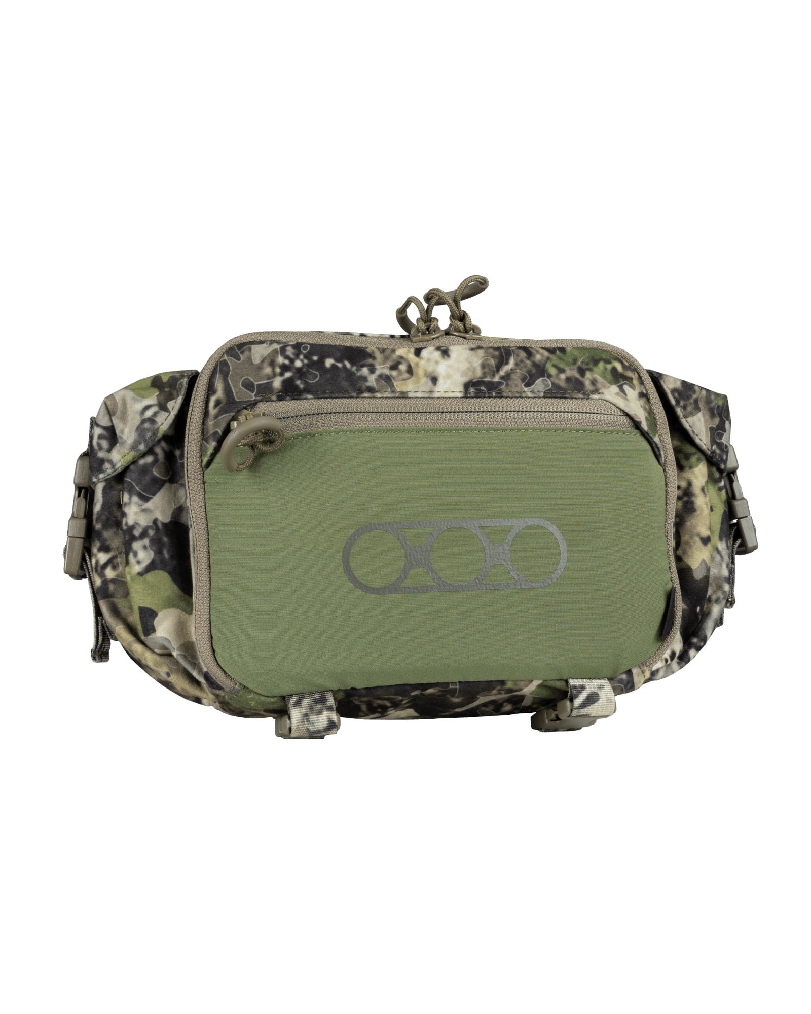 Der EBERLESTOCK Multipack - Mountain ist ein camouflage- und olivgrüner Hüftrucksack mit Reißverschluss-Fronttasche, Dreikreis-Logo, Seitenclips und robustem Design - perfekt als Outdoor-Zubehörtasche für Ihre Jagdausrüstung.
