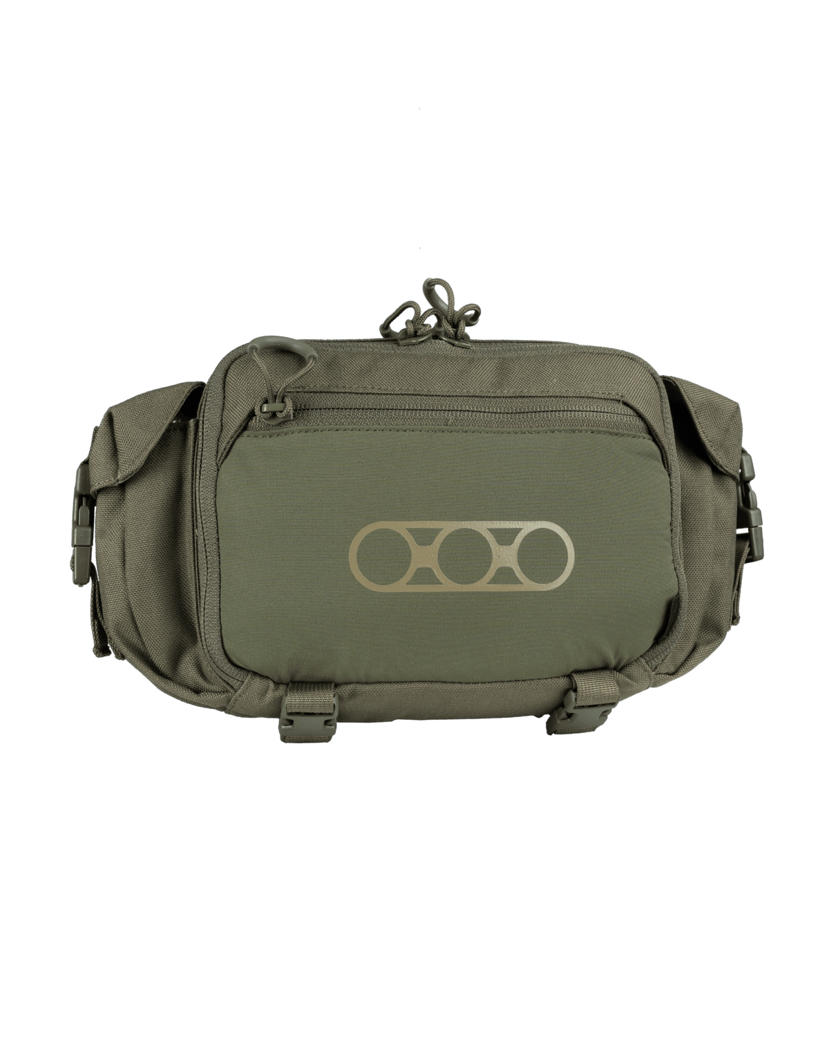 Die EBERLESTOCK Multipack - Military Green Gürteltasche verfügt über eine große Vordertasche mit Reißverschluss, Seitentaschen, einen verstellbaren Riemen und ein hellbraunes geometrisches Logo auf der Vorderseite. Das Logo ist auf einem schlichten weißen Hintergrund abgebildet.