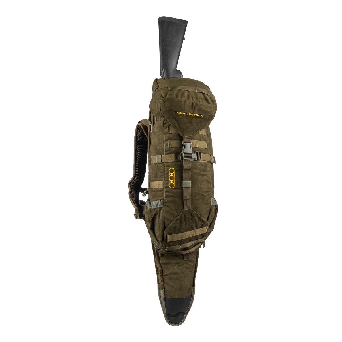 Ein grüner EBERLESTOCK Gunrunner Pack - Loden mit Riemen und einem Gewehr in der integrierten Scheide, mit einem kleinen Deckelfach und sichtbarem Markenlogo - der ideale Rucksack für Jäger.