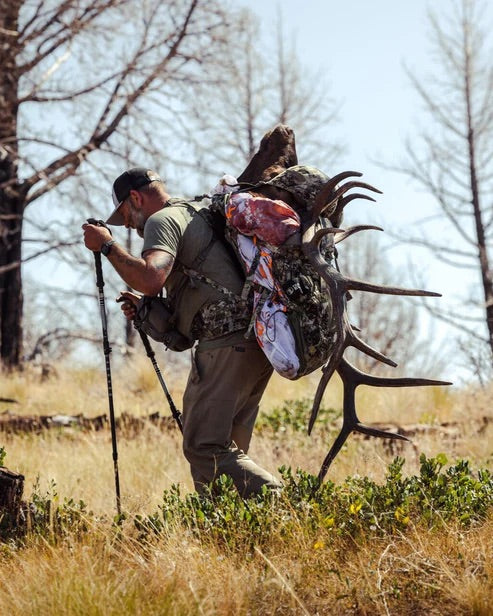 In Outdoor-Ausrüstung wandert ein Mann mit einem großen Elchgeweih und eingewickeltem Fleisch in seinem EBERLESTOCK Team Elk Jagdrucksack - Mountain über grasbewachsenes Gelände. Mit einem Wanderstock verkörpert er den Geist der Großwildjagd inmitten der blattlosen Bäume.