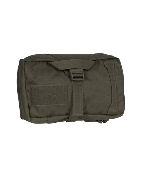 Die EBERLESTOCK Rip-Away Medical Pouch Large ist eine kompakte, olivgrüne, rechteckige Tasche mit Reißverschluss, Schnallenriemen und Klettverschluss - ideal für den sicheren Transport medizinischer Ausrüstung bei Outdoor- oder Militäreinsätzen.