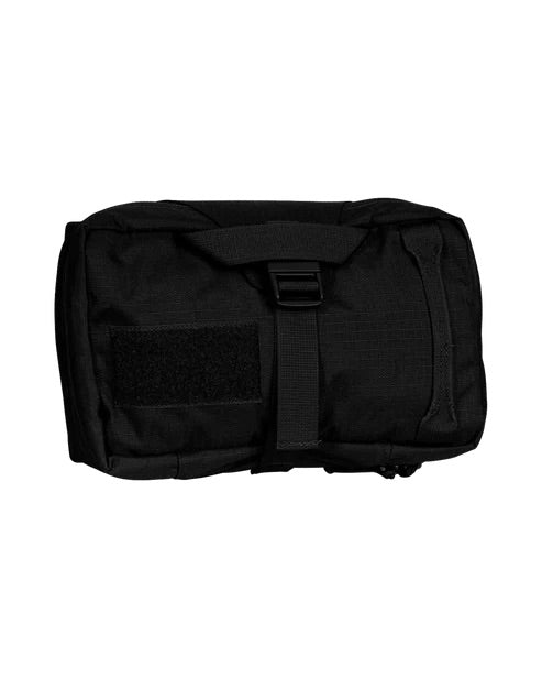Eine große schwarze EBERLESTOCK Rip-Away Medical Pouch mit Klettverschluss, zentralem Schnallenriemen und Reißverschluss, dargestellt auf weißem Hintergrund.