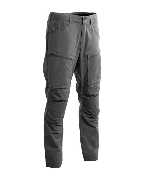 EBERLESTOCK Deadwood Hose - Gunmetal: Taktische graue Hose mit mehreren Reißverschlusstaschen, verstärkten Knien und wasserabweisendem Material, abgebildet auf weißem Hintergrund.