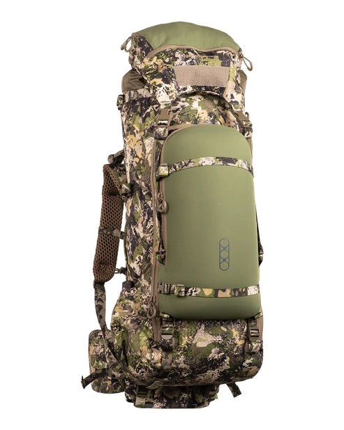 Der EBERLESTOCK Brute 6500 ist ein großer Tarnrucksack mit mehreren Fächern, einer grünen Fronttasche, gepolsterten Schultergurten und zahlreichen Schnallen und Riemen zur sicheren Aufbewahrung der Ausrüstung.