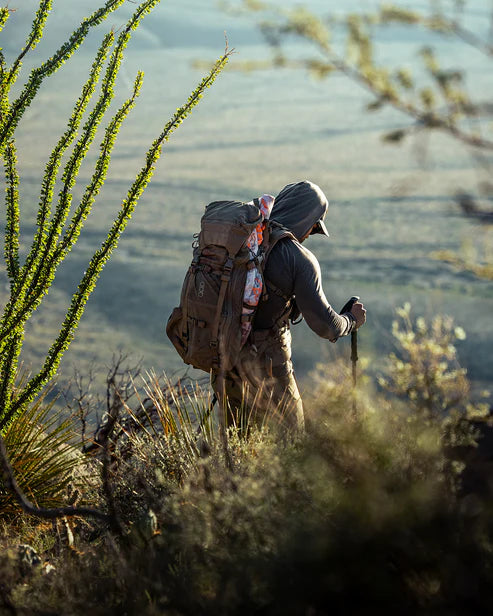 Ein Wanderer mit Kapuze steht inmitten von Wüstenpflanzen, trägt das EBERLESTOCK Brute 3500 und blickt auf eine malerische, sonnenbeschienene Landschaft, die sich dahinter erstreckt.