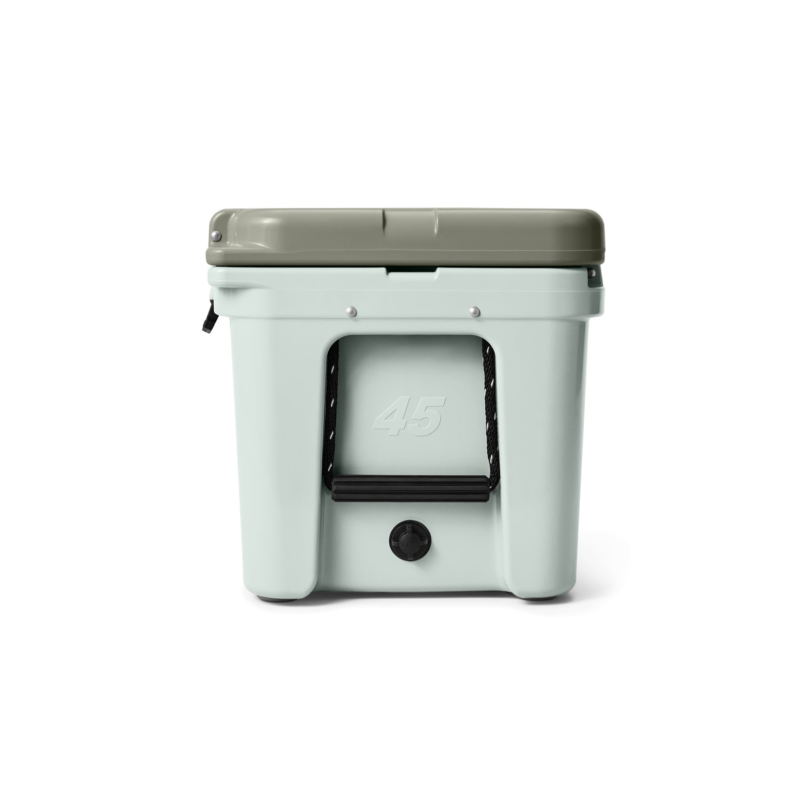 Die YETI® Kühlbox Tundra 45 - Ridgeline ist eine robuste, hellgraue Kühlbox mit einem dunkelgrauen Deckel, einer auffälligen "45" auf der Vorderseite und einem zentralen schwarzen Griff - eine echte Limited Edition von YETI.