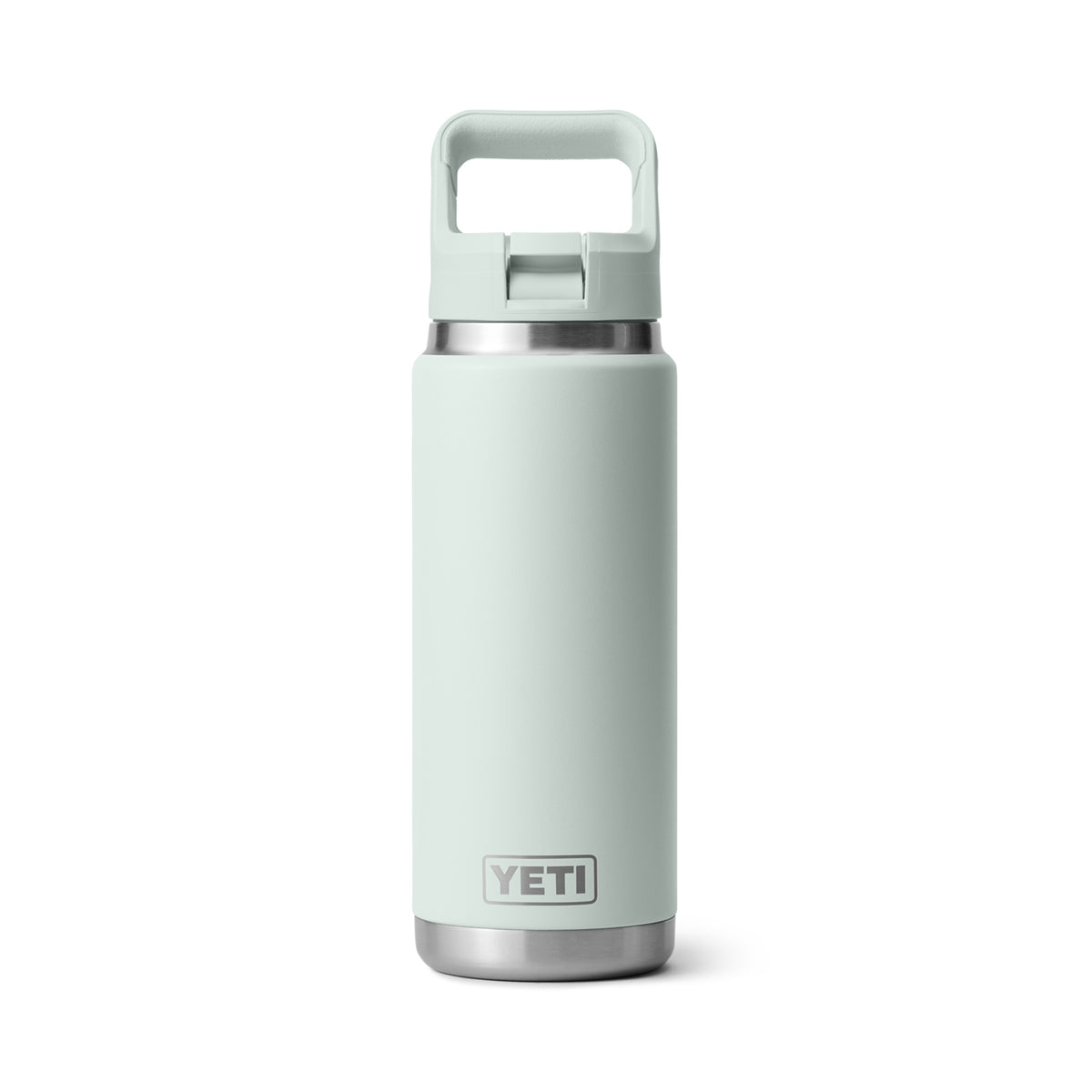 Eine hellgraue YETI® Flasche Rambler 26 Oz Straw - Ridgeline mit doppelwandiger Vakuumisolierung und einem Griff am Deckel, aufrecht vor weißem Hintergrund dargestellt.