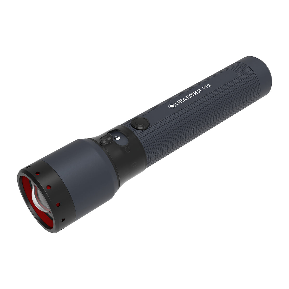 Die LEDLENSER Taschenlampe P7R - 25 Jahre Edition ist eine schwarz-graue, handgehaltene LED-Taschenlampe mit strukturiertem Griff, runder Linse und 2000 Lumen Helligkeit für hervorragende Ausleuchtung.