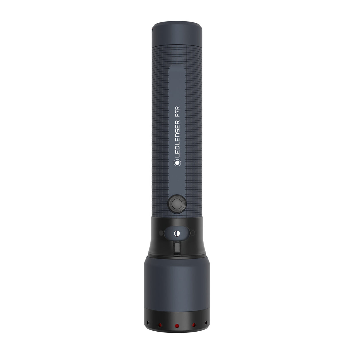 Die schwarze LEDLENSER Taschenlampe P7R - 25 Jahre Edition steht aufrecht auf weißem Hintergrund und zeigt einen strukturierten Griff, einen zentralen Knopf und Kontrollleuchten am Boden.