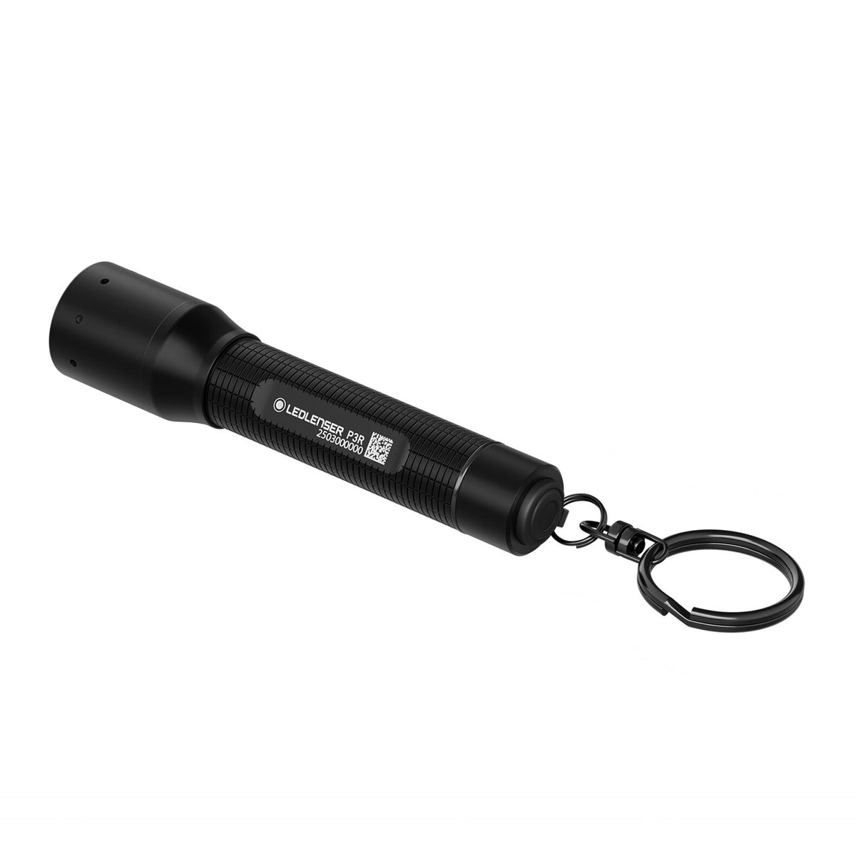 Die LEDLENSER Ledlenser Taschenlampe P3R ist eine kompakte schwarze LED-Taschenlampe mit strukturiertem Griff und Schlüsselring auf weißem Hintergrund - ideal für den täglichen Gebrauch.