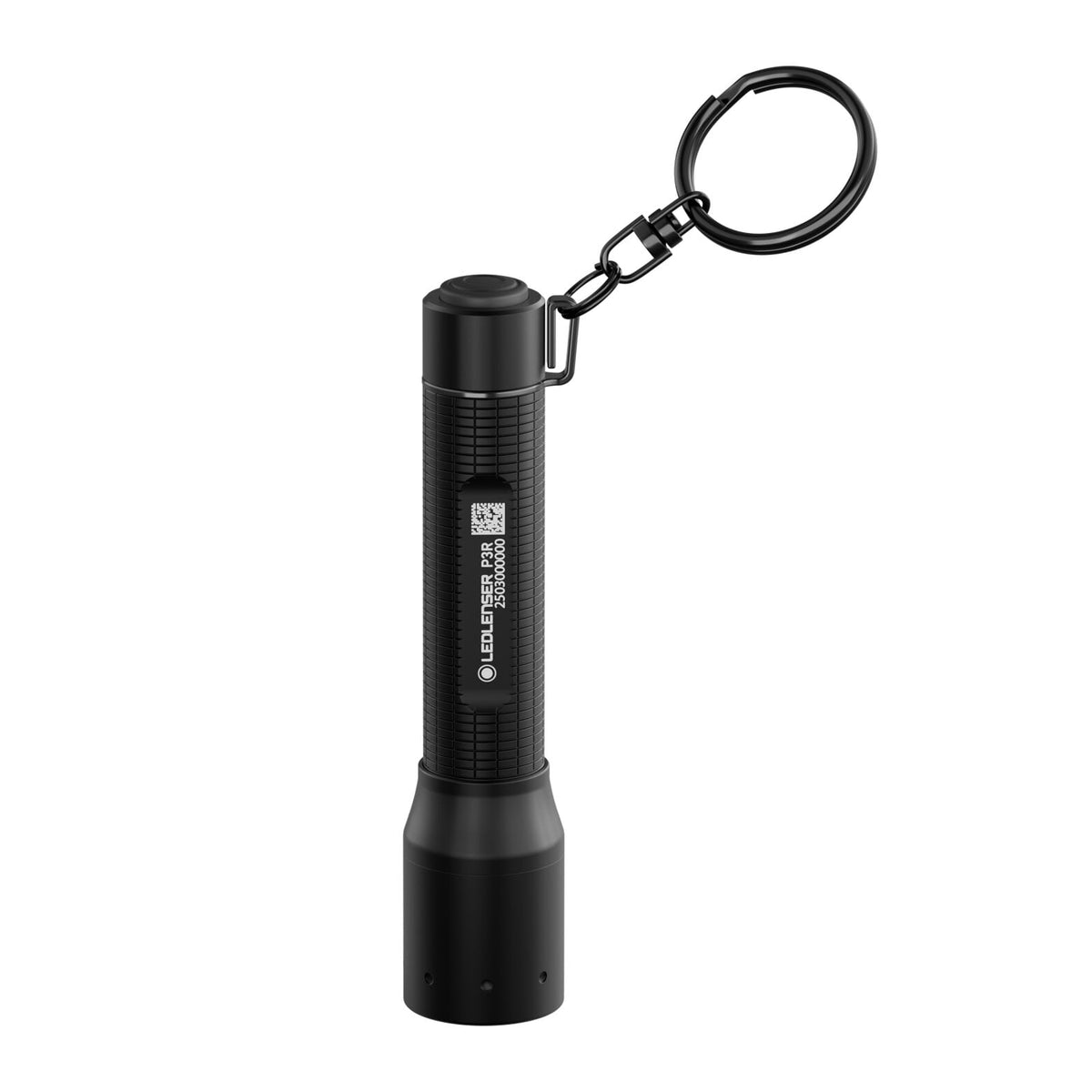 Eine kompakte schwarze LEDLENSER Taschenlampe P3R mit strukturiertem Griff ist an einem Schlüsselring befestigt und steht aufrecht, mit dem LEDLENSER Branding auf dem zylindrischen Körper.
