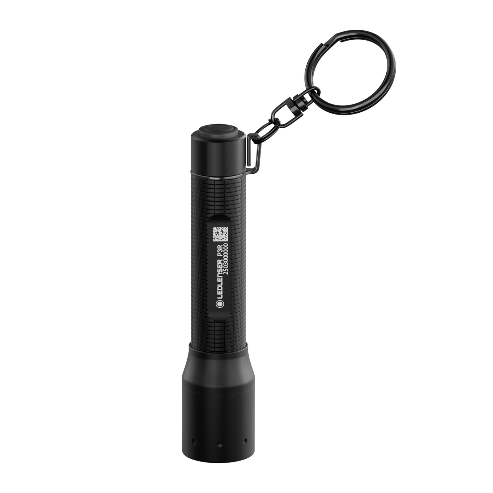 Eine kompakte schwarze LEDLENSER Taschenlampe P3R mit strukturiertem Griff ist an einem Schlüsselring befestigt und steht aufrecht, mit dem LEDLENSER Branding auf dem zylindrischen Körper.