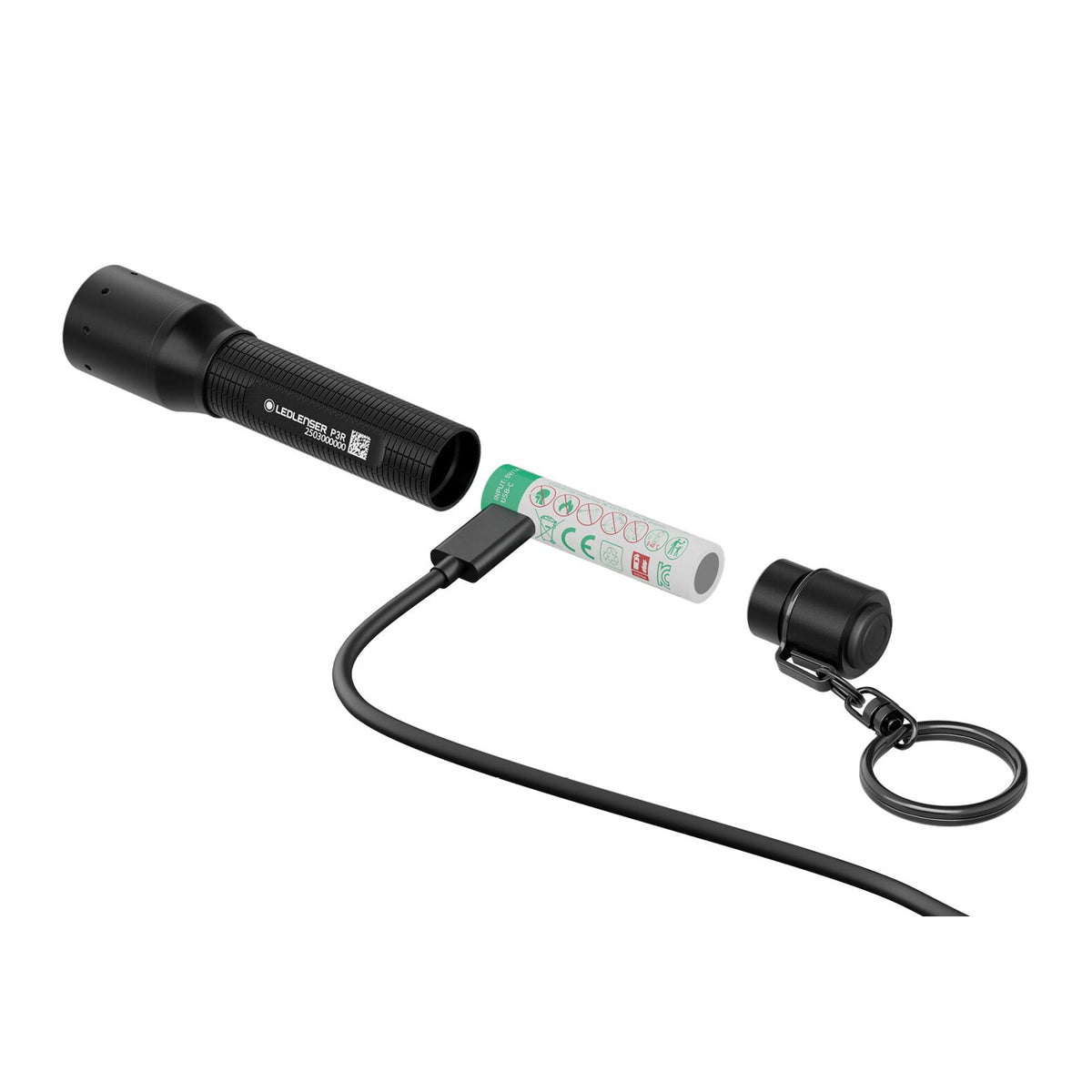 Die LEDLENSER Taschenlampe P3R in Schwarz wird in drei Teile zerlegt gezeigt: den Hauptkörper, einen zylindrischen Akku mit Ladekabel und eine Endkappe mit Schlüsselring.