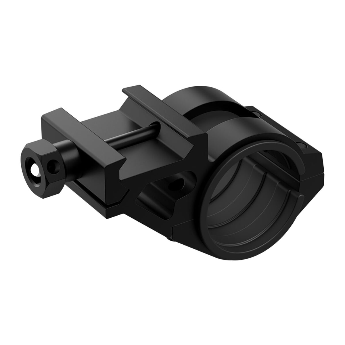 Die LEDLENSER Picatinny Rail Mount Type A ist eine schwarze Metallklemme mit zylindrischer Öffnung, Spannschraube und eckigem Design - ideal für die Montage zylindrischer Objekte in taktischen Anwendungen. Abgebildet vor einem weißen Hintergrund.