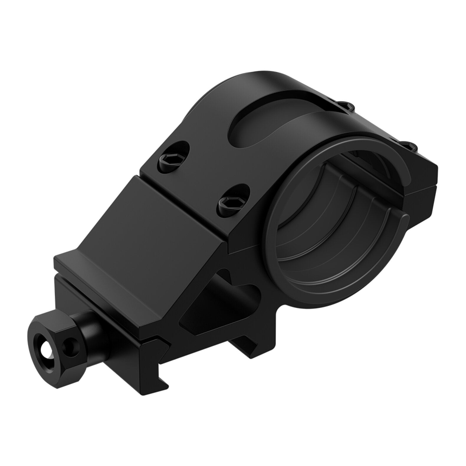 Die LEDLENSER Ledlenser Picatinny Rail Mount Type A ist eine schwarze Metallhalterung mit kreisförmiger Klemme, Montageschrauben und Schienensockel zur Befestigung von Zubehör an Schusswaffen für den taktischen Einsatz.